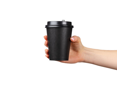 Female Hand Holding Disposable Coffee Cup Isolated On White Background