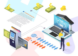 Informational Flyer Providing Mutual Funds Flat. Online Banking and Increased Interbank Competition. Man Brought Gold Coins for Conversion into Non-cash Money. Vector Illustration.