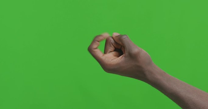 Black male hand asking to follow him, green chroma key background