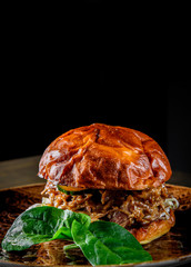 Traditional barbecue pulled beef burger with vegetables on dark background