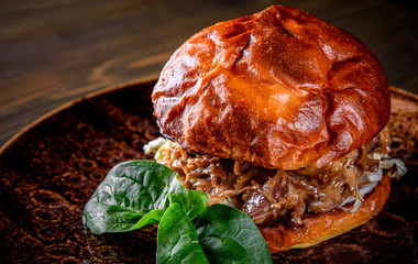Traditional barbecue pulled beef burger with vegetables on dark background