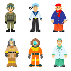 Men of different professions. Soldier, sailor, artist, fireman, diver, doctor. Children's style, vector illustration.