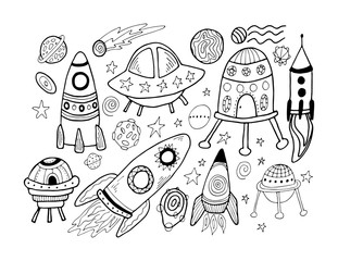 Hand drawn doodles cartoon set of space objects and symbols. Spaceship, planets and stars line art vector illustration.