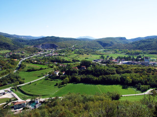 View of Buzet town and fertile fields in the Mirna river valley, Croatia (Pogled na grad Buzet i...