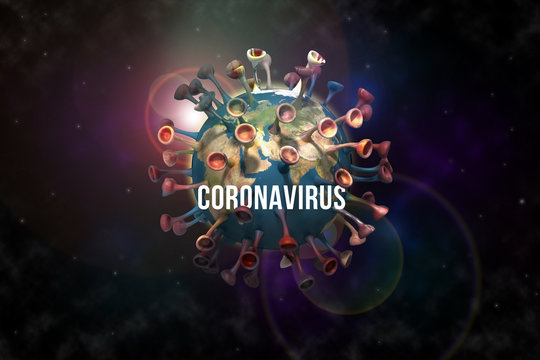 Coronaplanet concept image with Coronavirus text. Planet Earth that became a coronavirus Covid-19 virus molecule atom. illustrated in the outer space