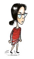 hand drawn sketch of young cute funny woman in white walking isolated on white