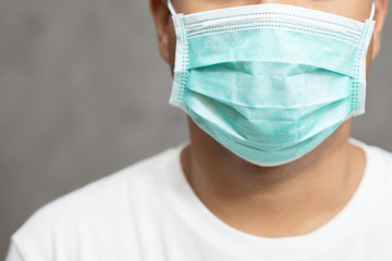face mask. Sick infectious man with wearing protection medical  against coronavirus portrait. close up pandemic virus disease. Health care Covid 19 outbreak contamination concept
