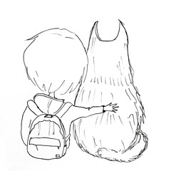 hand drawn sketch of person and dog sitting isolated on white back view