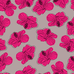 seamless pattern. black contour of hibiscus flowers and shifted to the right pink filling of petals on a light gray background