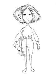 hand drawn fashion sketch of young cute woman standing isolated on white