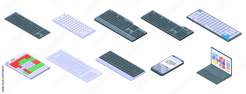 Poster keyboard icons set. isometric set of keyboard vector icons for web design isolated on white backgrou