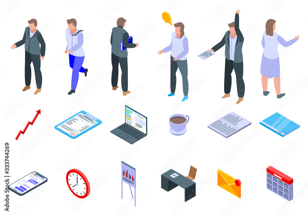 Poster office manager icons set. isometric set of office manager vector icons for web design isolated on wh