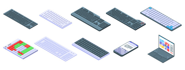 Keyboard icons set. Isometric set of keyboard vector icons for web design isolated on white background