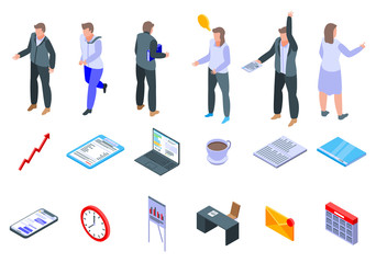 Office manager icons set. Isometric set of office manager vector icons for web design isolated on white background