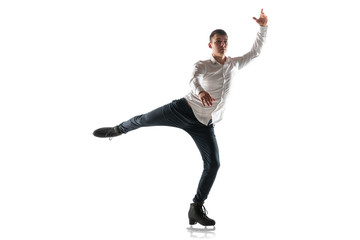 Man figure skating isolated on white studio backgound with copyspace. Professional practicing and...