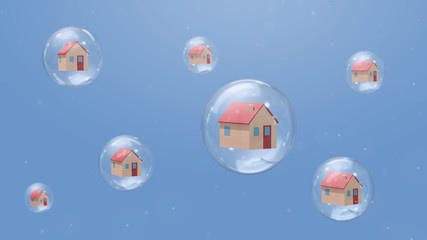 Houses in bubbles. Quarantine concept. Abstract illustration, 3d rendering.