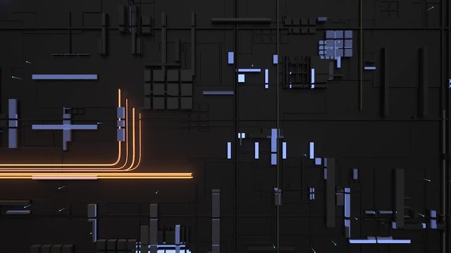 Animated particle energy trails streaming over electronic surface