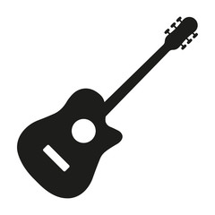 Acoustic guitar black silhouette. Music instrument icon. Vector illustration. Flat vector icon for music apps and websites.