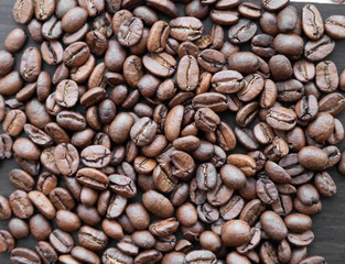 Natural coffee beans, close-up, top view.