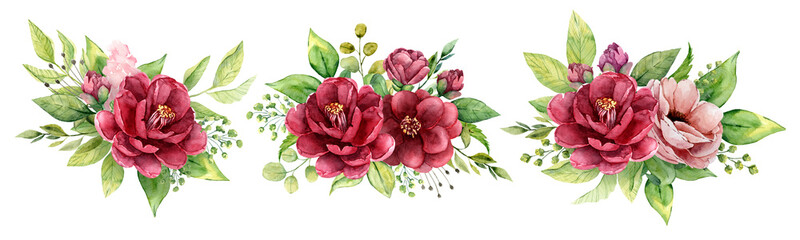 Beautiful Watercolor bouquets of Burgundy Camellia and pink Anemone flowers. Marsala Floral set. - obrazy, fototapety, plakaty