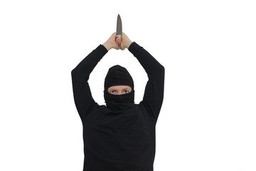 man in a balaclava with a knife isolated on a white background