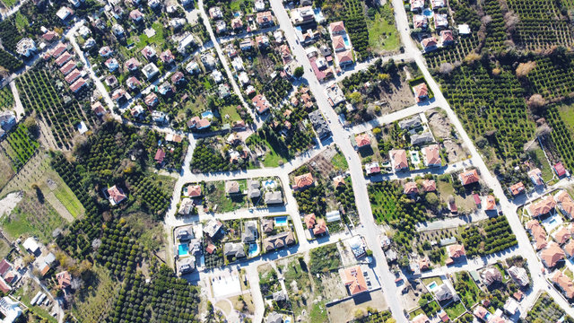 Top view of Turkey. Camyuva district panorama from the drone.