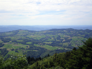 Beautiful view of the Savoie and the Isère, showing fields, forests and mountains. The picture was take in August 2008 from a mountain.