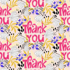 Vector seamless pattern with flowers and thank you
