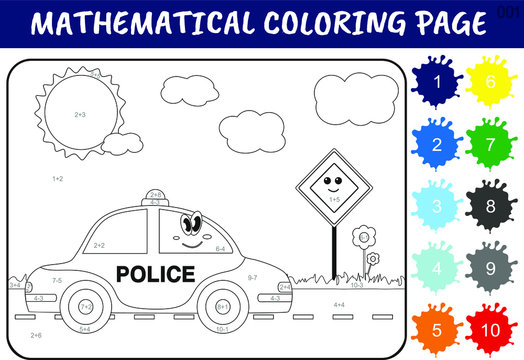 Worksheet with addition and subtraction for children. Developing skills for counting.  Solve examples and paint the police car in relevant colors.