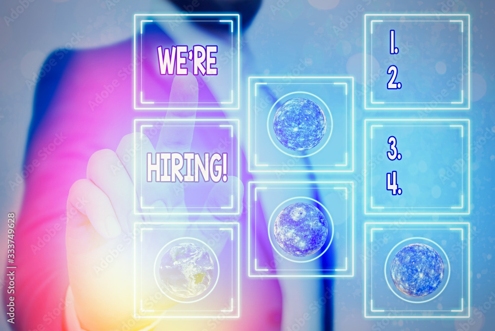 Poster text sign showing we are hiring. business photo showcasing process of reviewing applications and fin