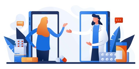 Woman patient talking with family doctor, gynecologist via mobile phone. Mobile web app for online consultation with therapist. Aids, tele medicine infographic. Online pharmacy order from drugstore.