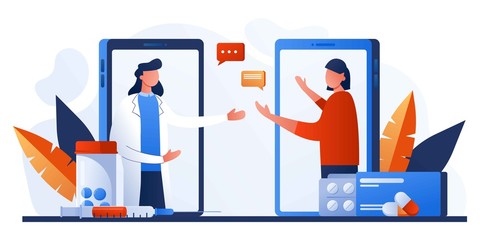 Woman patient talking with family doctor, gynecologist via mobile phone. Mobile web app for online consultation with therapist. Aids, tele medicine infographic. Online pharmacy order from drugstore.