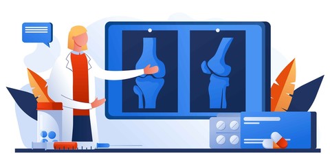 Knee or leg X-ray screen. Bone pain. Human anatomy healthcare medical concept. World arthritis day. Osteoporosis for landing page, banner. Doctor research human joints. Traumatology and orthopedic