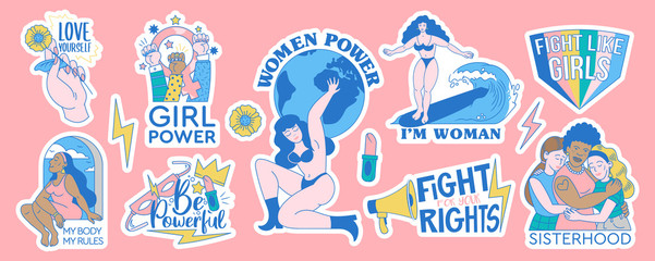 Feminist and body positive stickers set collection - obrazy, fototapety, plakaty