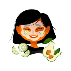 Happy Woman Applying Face Mask To Brighten Refresh Her Face. Self Care Concept Card Character illustration with avocado and cucumber. Self-care and wellness