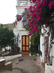 Fototapeta na wymiar Old white-walled house with lots of pink flowers, on a corner street in Mojacar