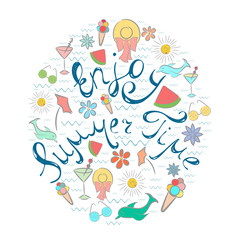 Colorful Summer Greeting Card with Lettering and Other Items