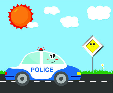 Drawing of a police car on the main road. Vector image for children's magazines and preschool institutions.
