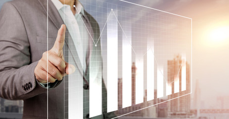 Businessman asian use hand show graph holographic statistics investment success to investor give budget start up business