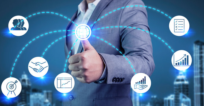 Business man thumbs up give to network communication business, invesment, economy, stock, Profit or loss, big data around the world