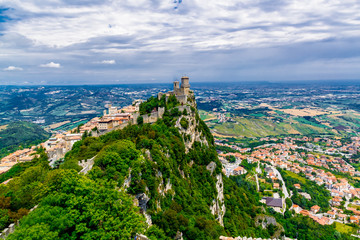 Republic San Marino Prima Torre Guaita first fortress tower with brick walls on Mount Titano stone...