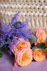bouquet of roses with wicker basket 