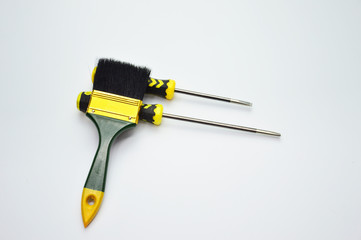 Paint brush, screwdriver Tools