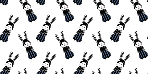 Seamless pattern of cute black and blue rabbit girls with buns hairstyles in long striped skirts and polka dot jumpers on a white background. Scandinavian style hare. Cute cartoon characters. Vector.