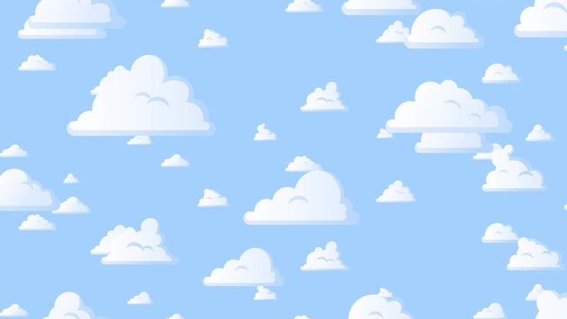 Cartoon clouds floating down vertically on the blue sky background. Seamless looping animation.