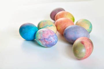 Group of easter painted eggs on white background