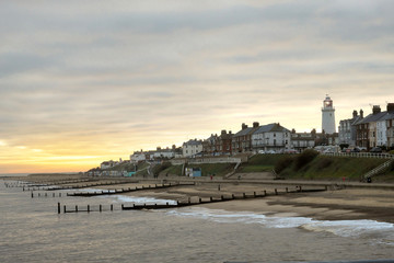 Naklejka premium The village , the pier and the house light of Southwold, Suffolk, England.