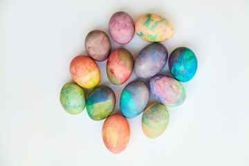 Group of easter painted eggs on white background