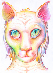 Portrait of an animal drawn with colored pencils. Liger's head. Avatar with the image of a predator. Cats (Felidae).
