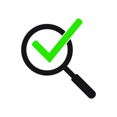 Magnifying glass with green check tick. Vector icon illustration design. For concepts of research, results found, success, reviews, examination, discovery.